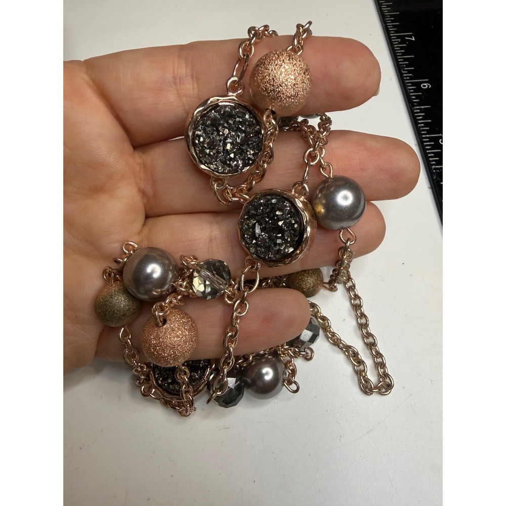 Rose Gold Tone Long Station Necklace Druzy Faux Pearl Mixed Bead 34 Inch